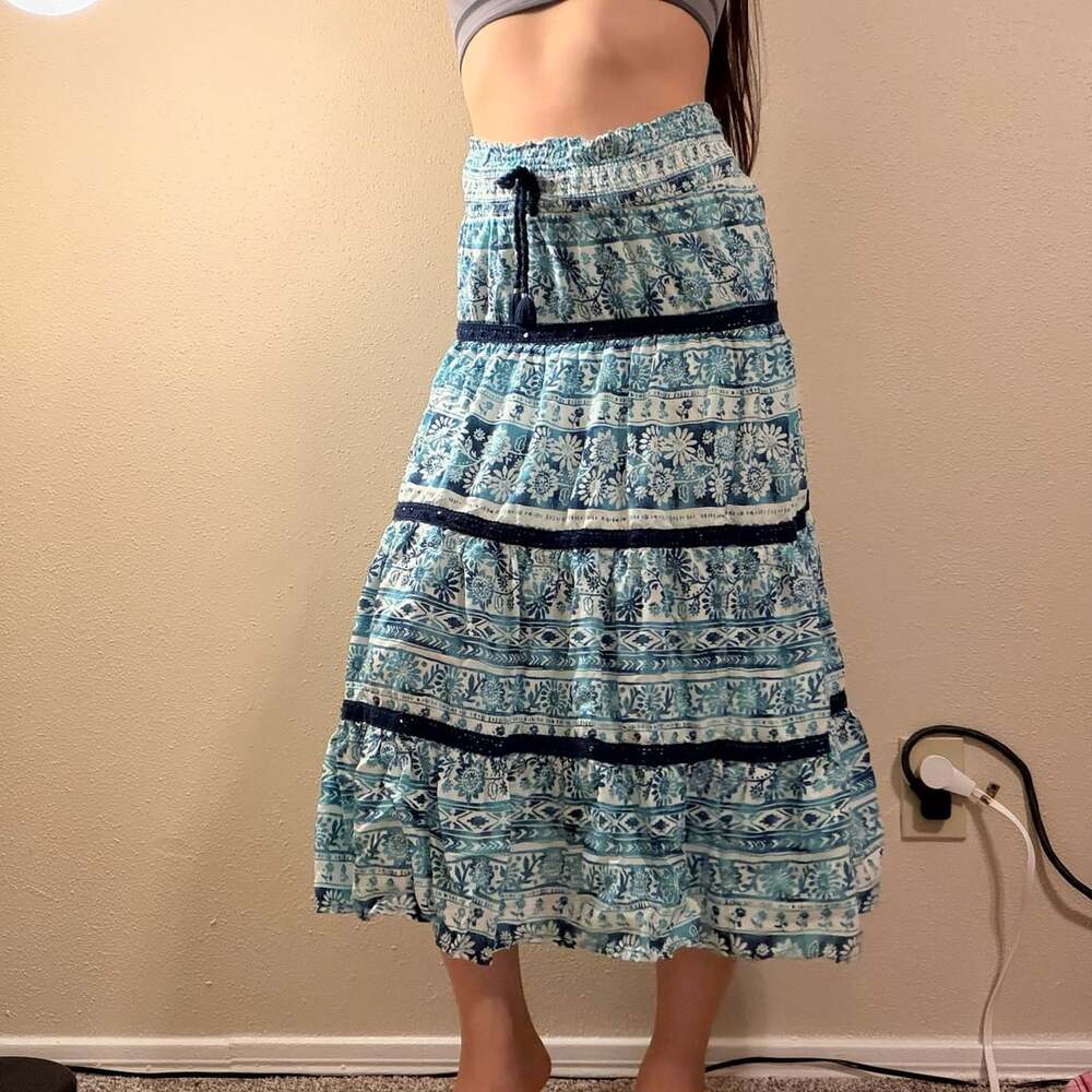 Justice Blue and White Floral Boho Tiered Skirt with Drawstring and Lace Trim